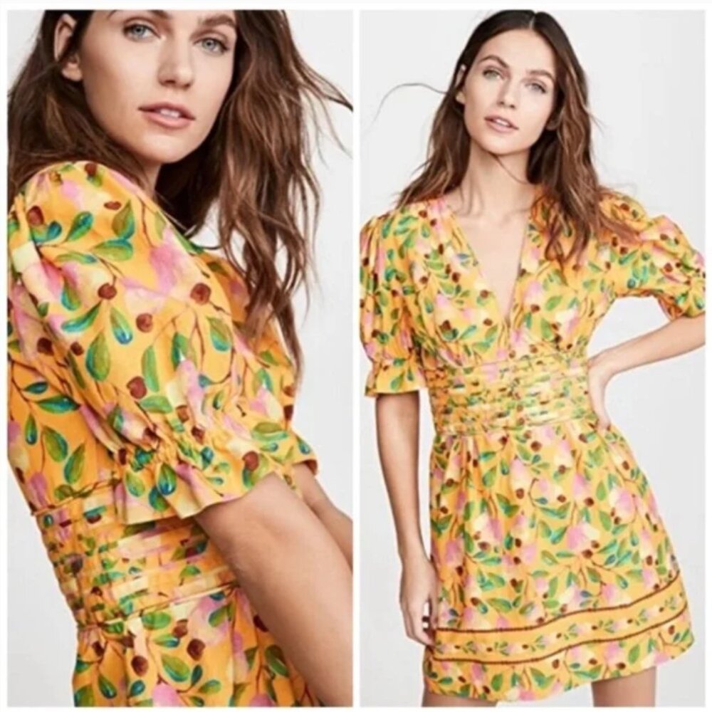 FARM Rio Cashew Floral Printed Mini Dress Women's Small Tropical V Neck Linen
